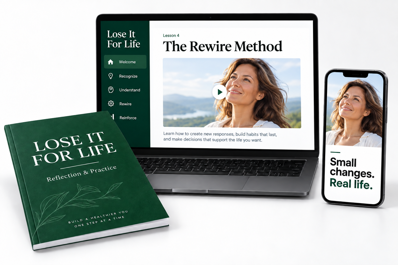 Illustrative preview of the Lose It For Life online course on a laptop and phone, with a reflection workbook